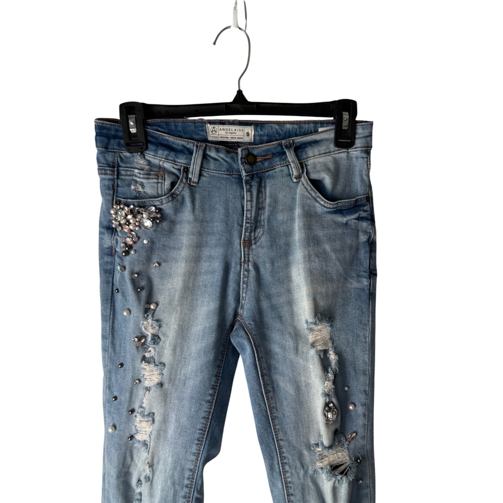 Angel Kiss 2010s Womens Jeans 5 Distressed Embellished Rhinestone‎ Pearl Skinny